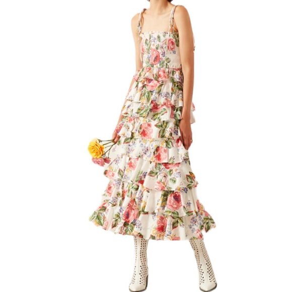 Alix‎ of Bohemia Tasha Rose Floral Ruffle Tiered Midi Skirt Small Cottagecore - Picture 2 of 16